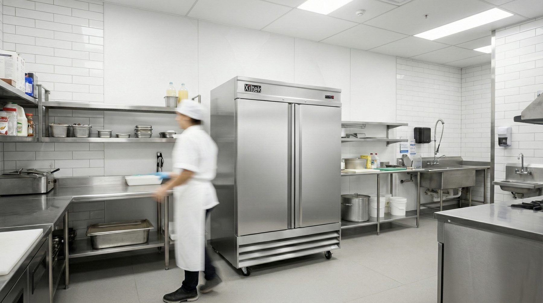 Chef working in a clean commercial kitchen beside a stainless reach-in refrigerator
