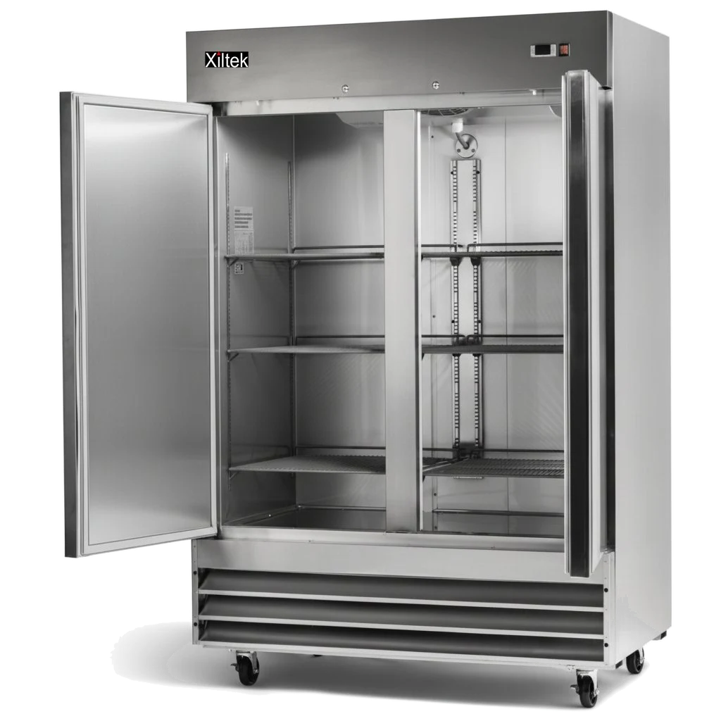Xiltek two-door reach-in refrigerator with doors open