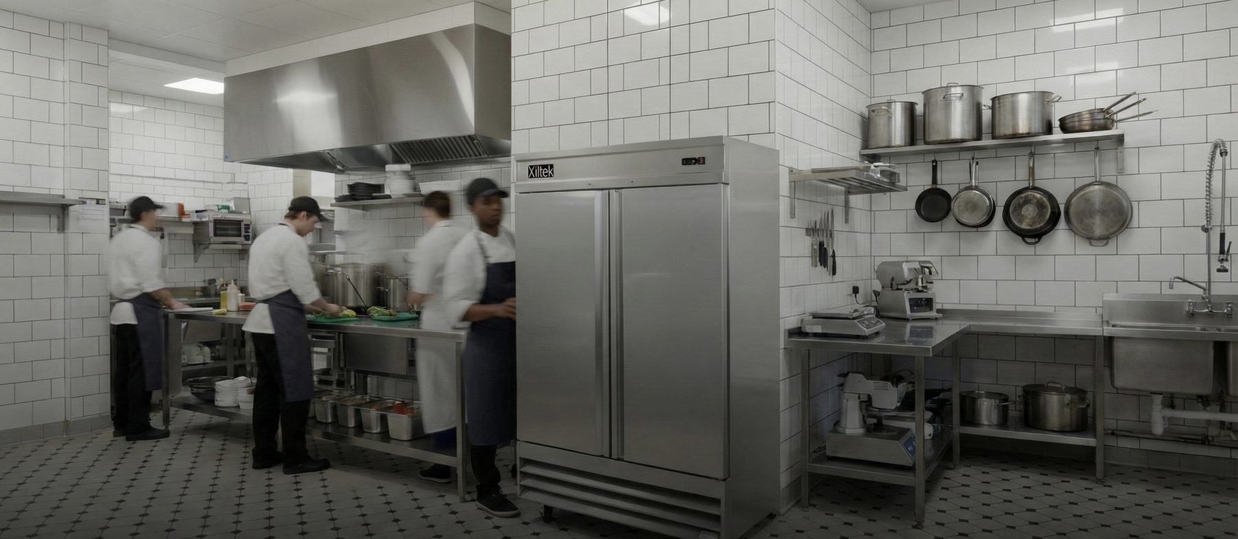 Busy commercial kitchen with a Xiltek reach-in refrigerator
