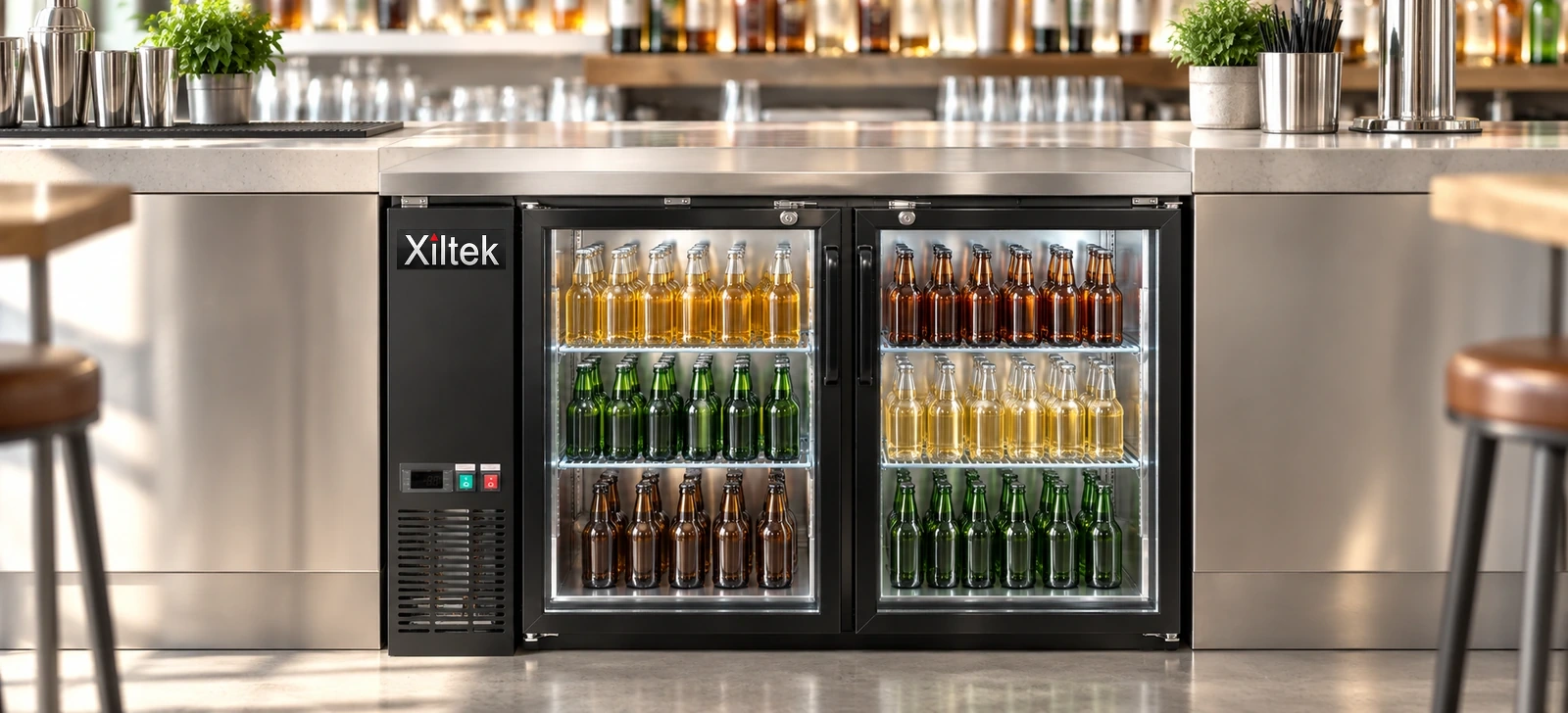 Xiltek glass door back bar cooler filled with bottles under a bar counter