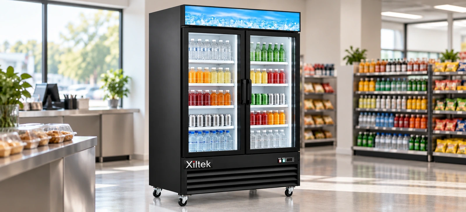 Xiltek glass door merchandiser with an illuminated header panel in a convenience store