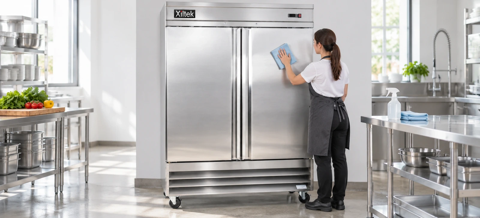 Kitchen staff member wiping down a Xiltek stainless steel reach-in refrigerator
