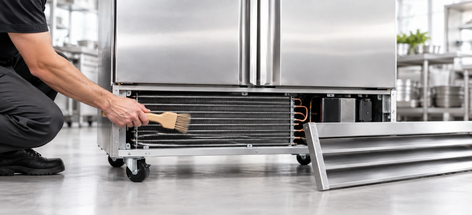Technician brushing the condenser coil of a Xiltek reach-in refrigerator