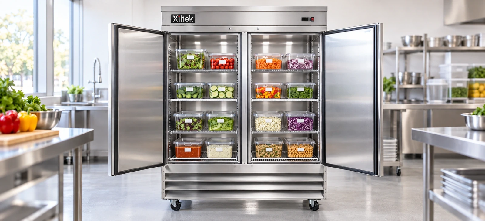Open Xiltek reach-in refrigerator with food containers neatly organized on shelves