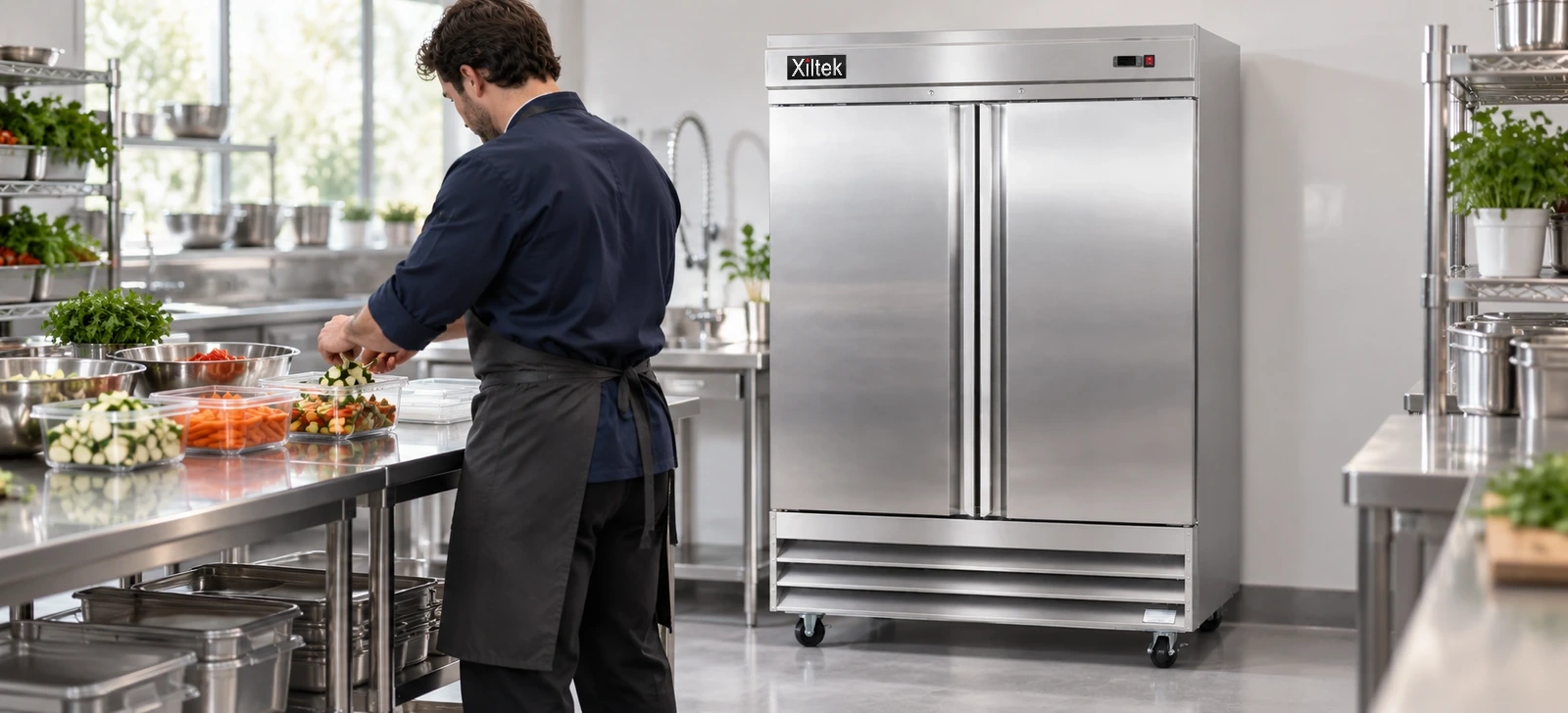 Chef portioning fresh produce beside a Xiltek stainless steel reach-in refrigerator