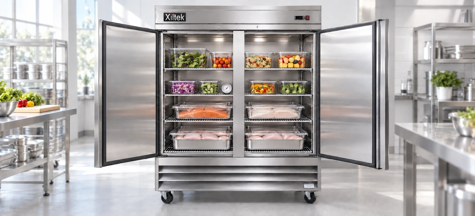 Open Xiltek reach-in refrigerator with raw and ready-to-eat foods stored on separate shelves