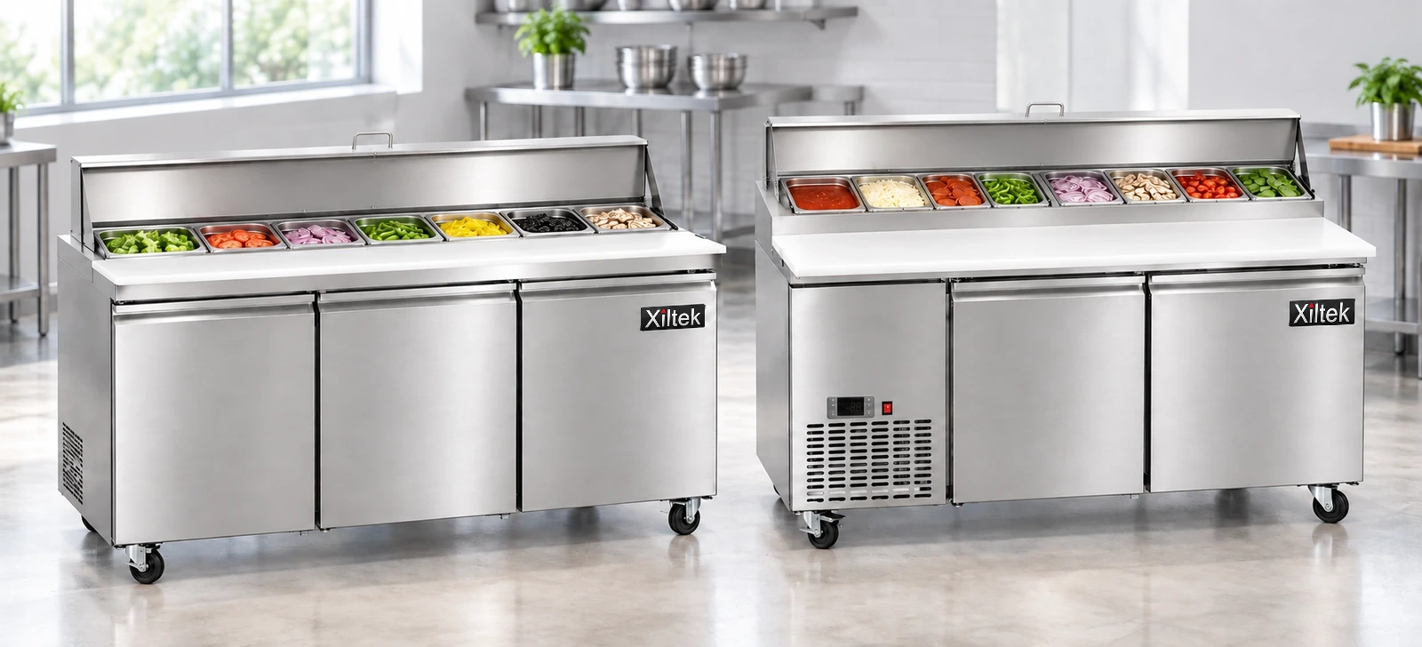 Xiltek sandwich prep table next to a pizza prep table in a commercial kitchen