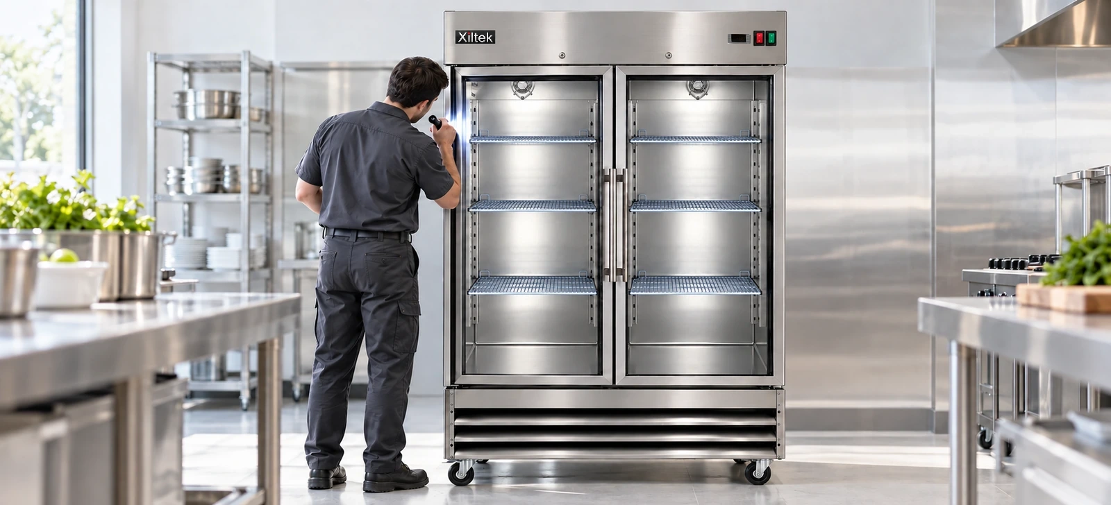 Technician inspecting a Xiltek two-glass-door reach-in freezer with a flashlight