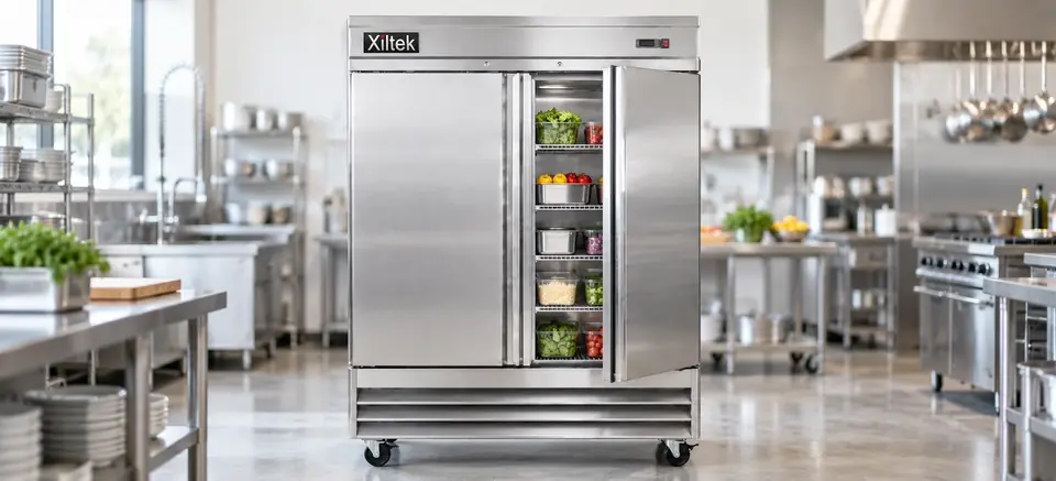 Xiltek stainless steel two-door reach-in refrigerator with organized shelves in a commercial kitchen