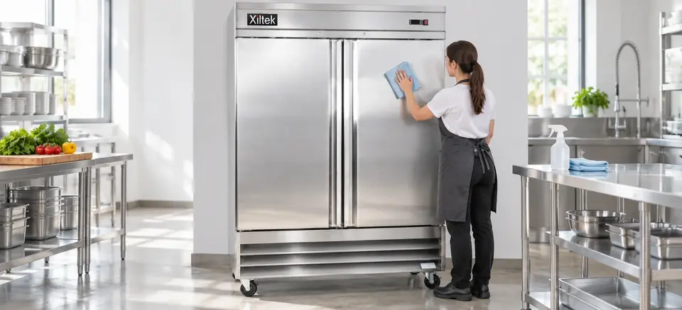 Kitchen staff member wiping down a Xiltek stainless steel reach-in refrigerator