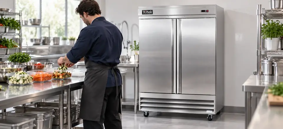 Chef portioning fresh produce beside a Xiltek stainless steel reach-in refrigerator