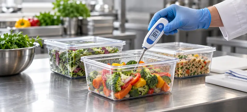 Gloved hand checking chilled vegetables with a food probe thermometer reading 38°F