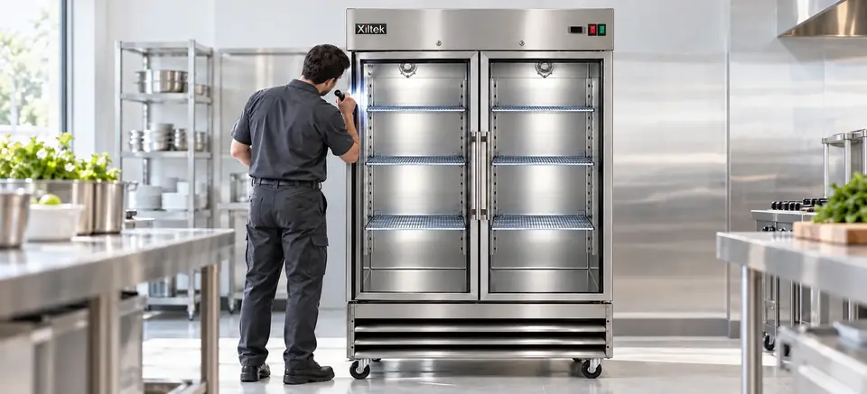 Technician inspecting a Xiltek two-glass-door reach-in freezer with a flashlight