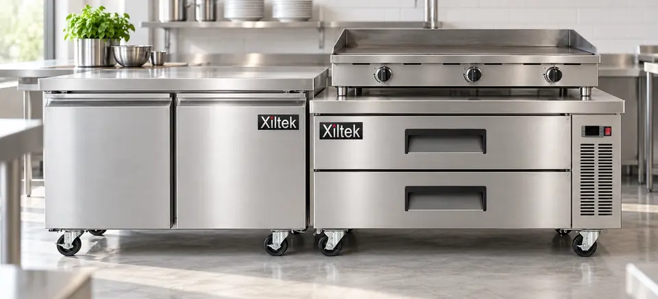 Xiltek undercounter refrigerator and chef base with a griddle in a compact kitchen