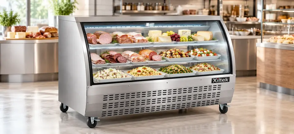 Xiltek curved glass stainless steel deli display case filled with meats, cheeses and salads