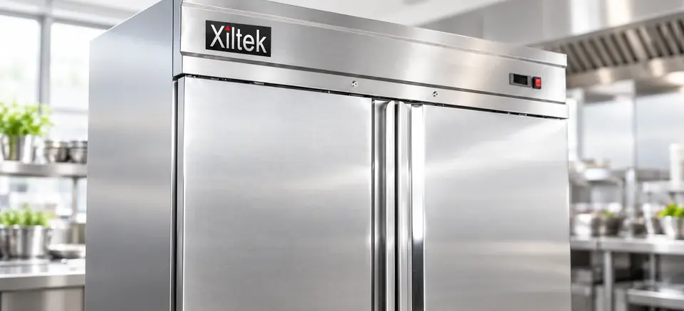 Close view of a Xiltek all-stainless steel reach-in refrigerator door and handles