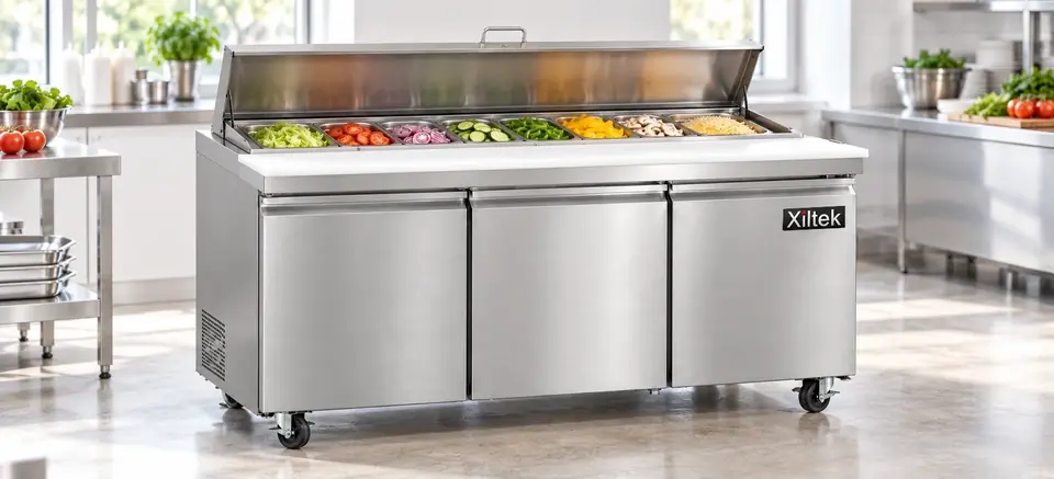 Xiltek stainless steel sandwich prep table with the lid open in a bright commercial kitchen