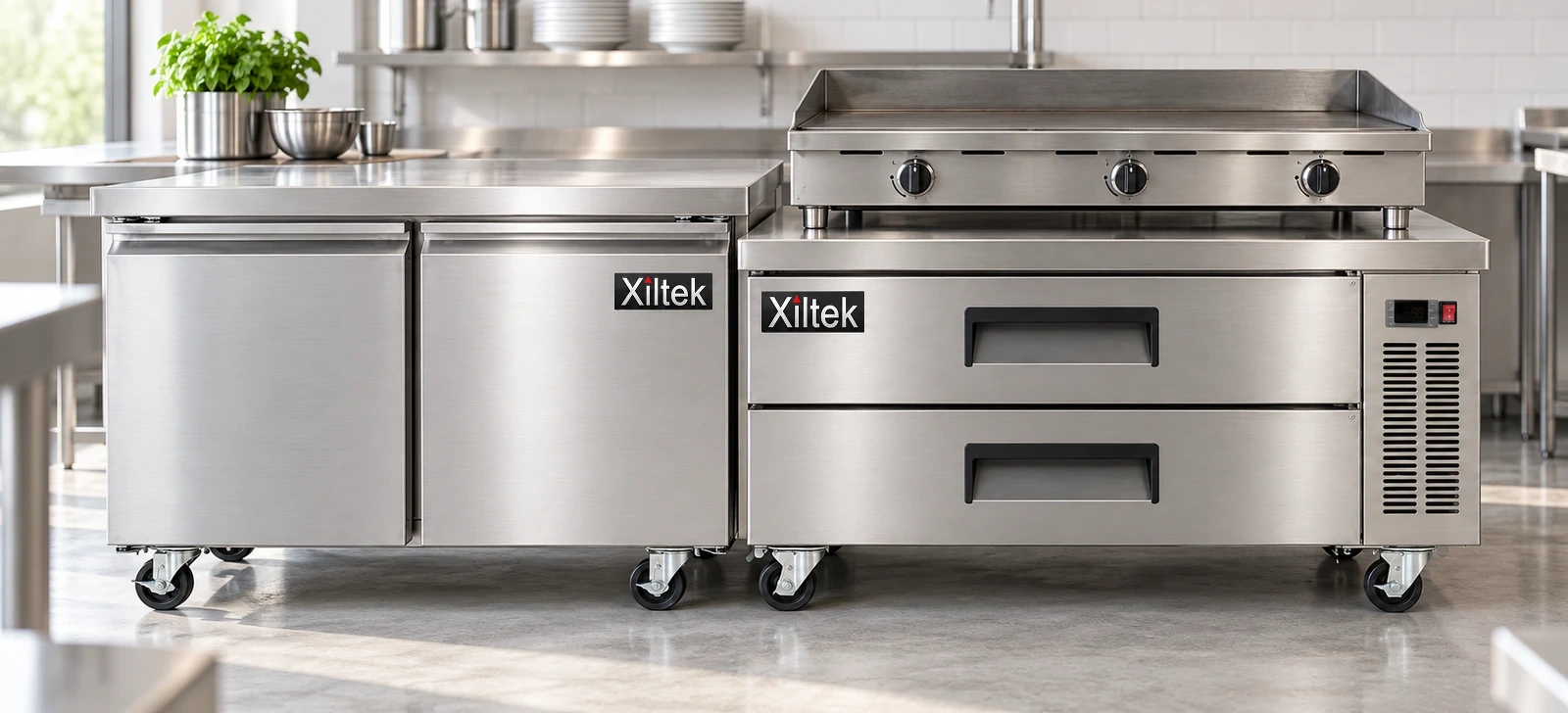Xiltek undercounter refrigerator and chef base with a griddle in a compact kitchen