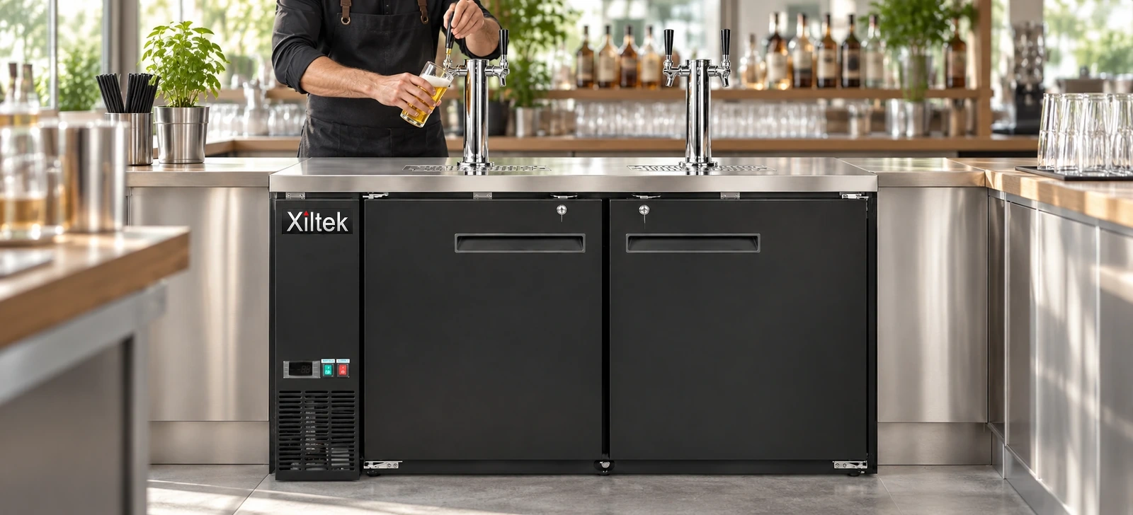 Xiltek stainless steel draft beer dispenser with double-tap towers on a bar