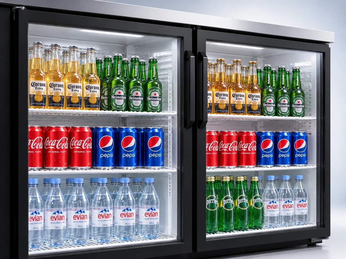 Bottles and cans visible through illuminated glass doors on a Xiltek back-bar refrigerator