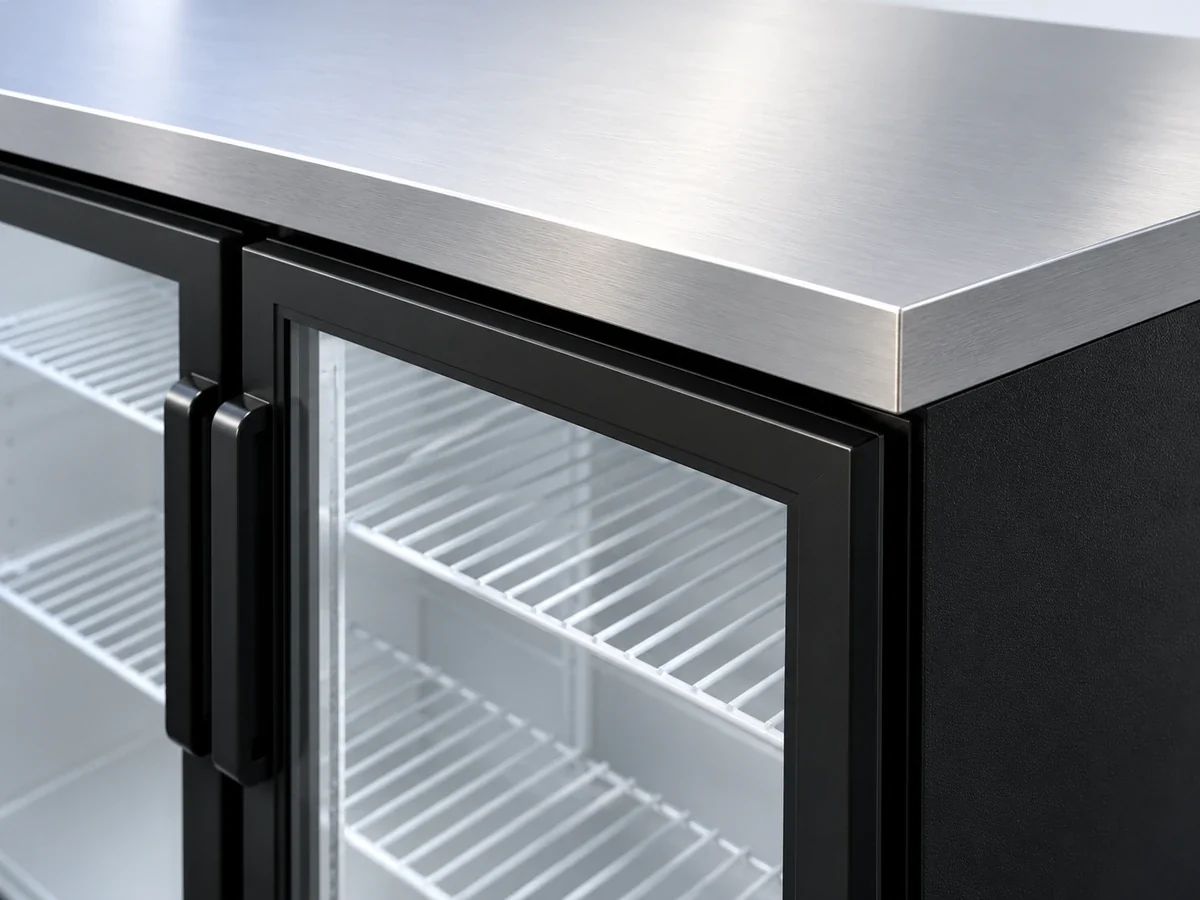 Black cabinet finish and stainless worktop corner on a Xiltek back-bar refrigerator