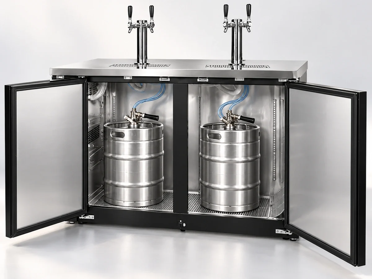 Open Xiltek beer dispenser with stainless kegs, couplers and beverage lines