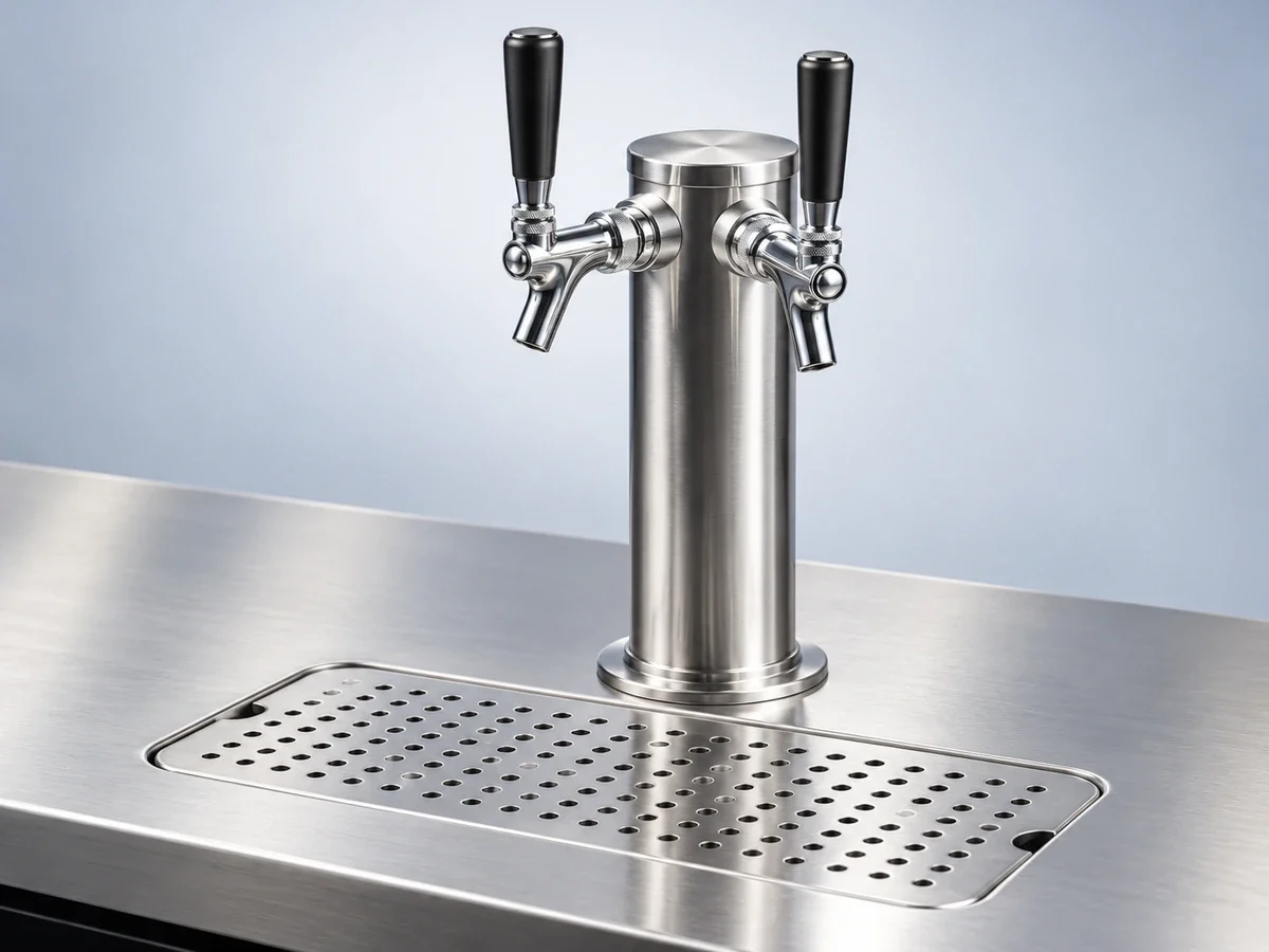Stainless tap tower and drip tray on a Xiltek beer dispenser