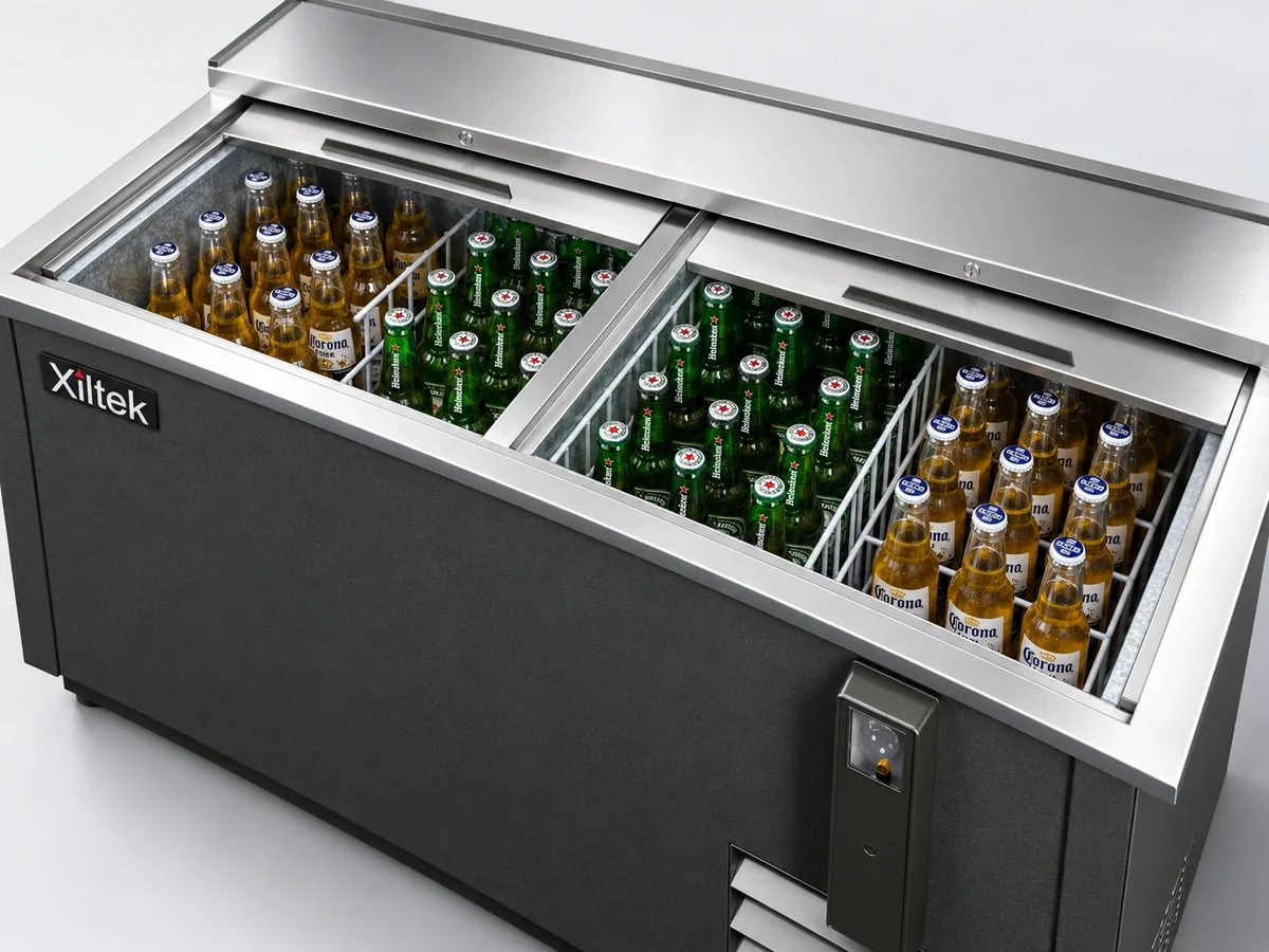 Open sliding lids reveal organized bottled beverages inside a Xiltek deep-well bottle cooler