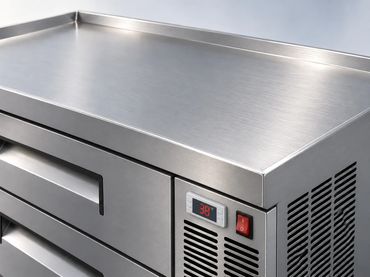 Raised drip-resistant stainless steel worktop edge on a Xiltek chef base