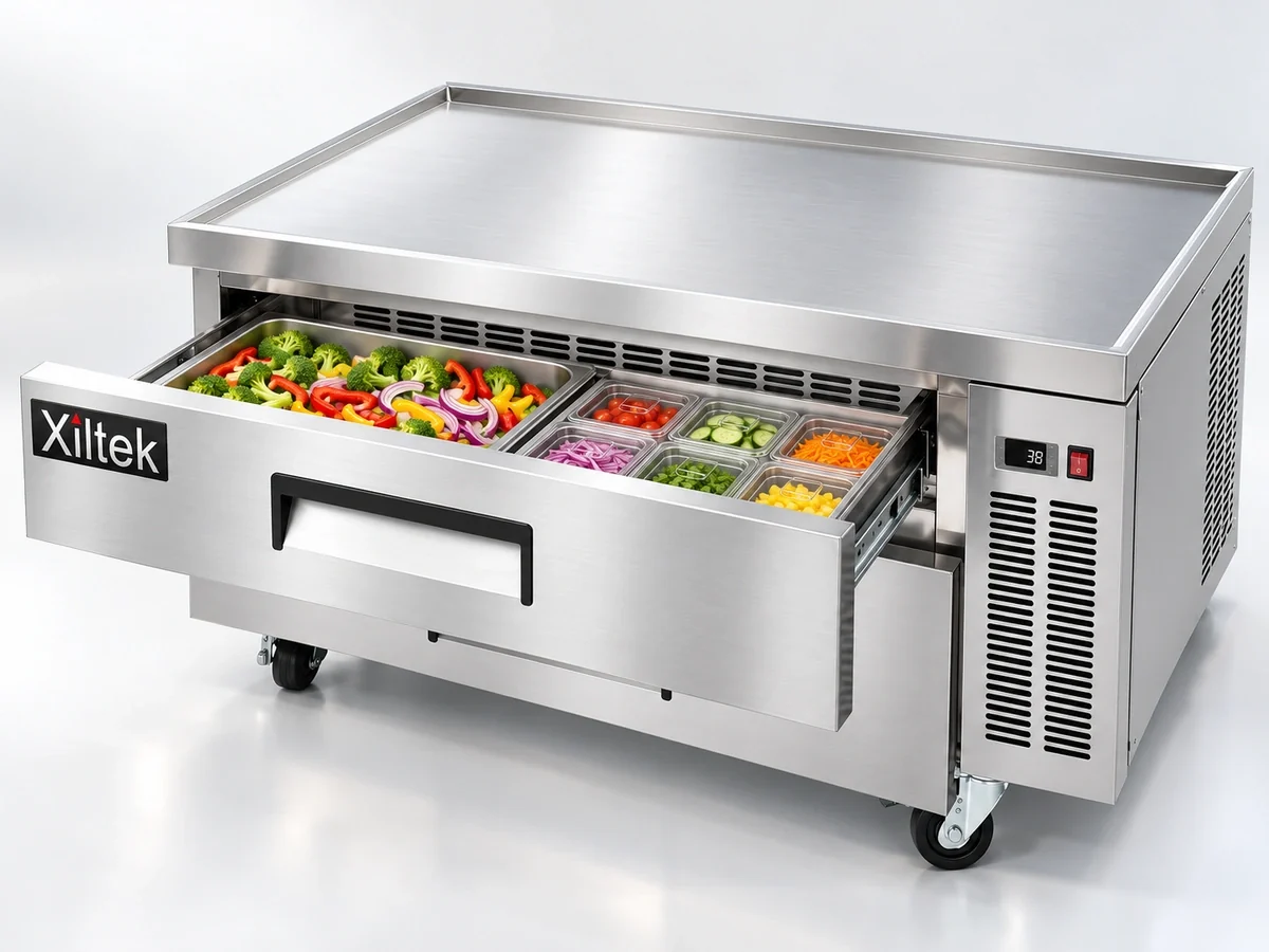 Open Xiltek chef-base drawer holding food pans and prepared vegetables