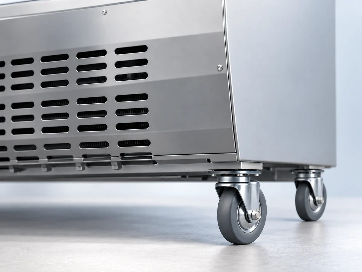 Heavy-duty caster beneath the stainless lower corner of a Xiltek deli case