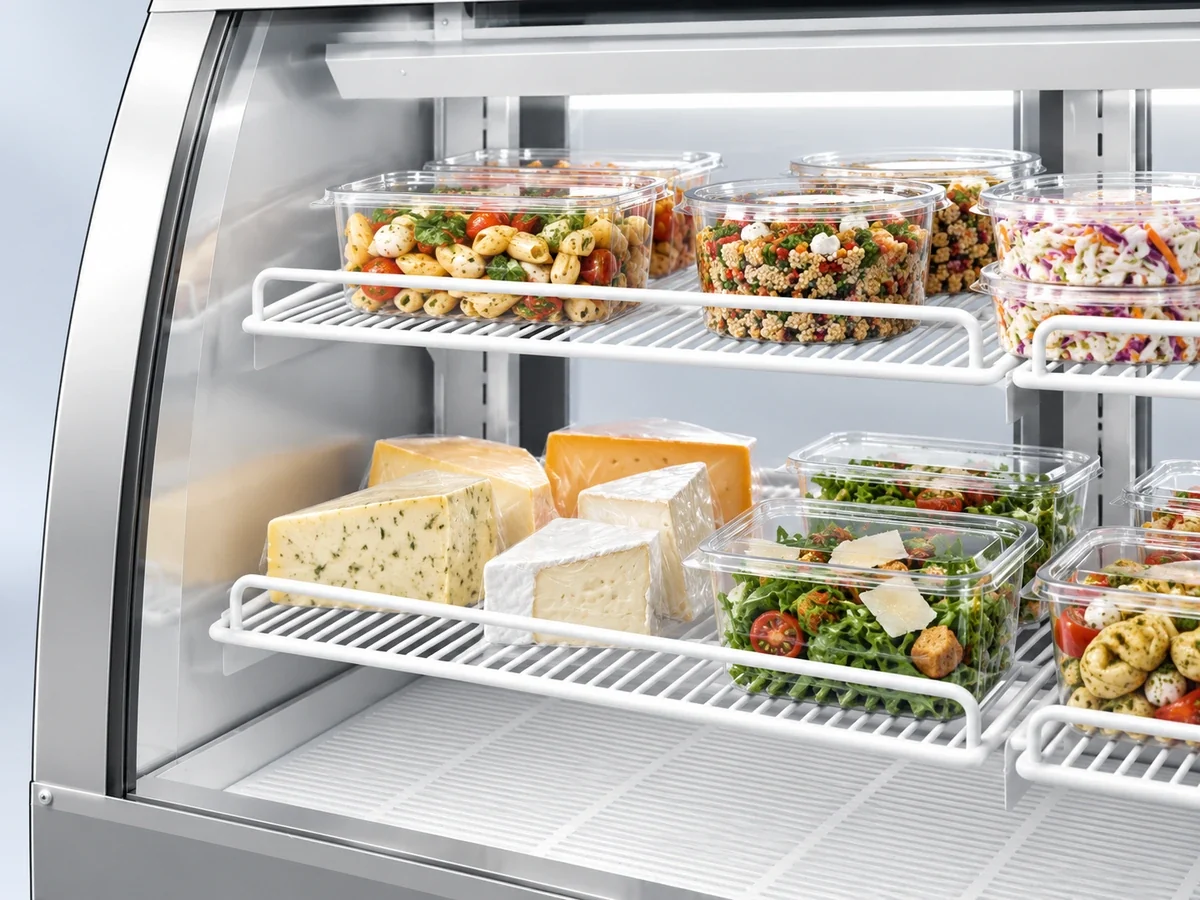 Prepared salads and cheeses displayed behind curved glass on Xiltek deli case shelves