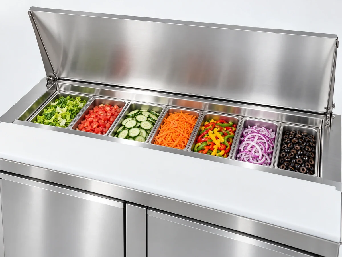 Open insulated lid above chilled food pans filled with fresh preparation ingredients