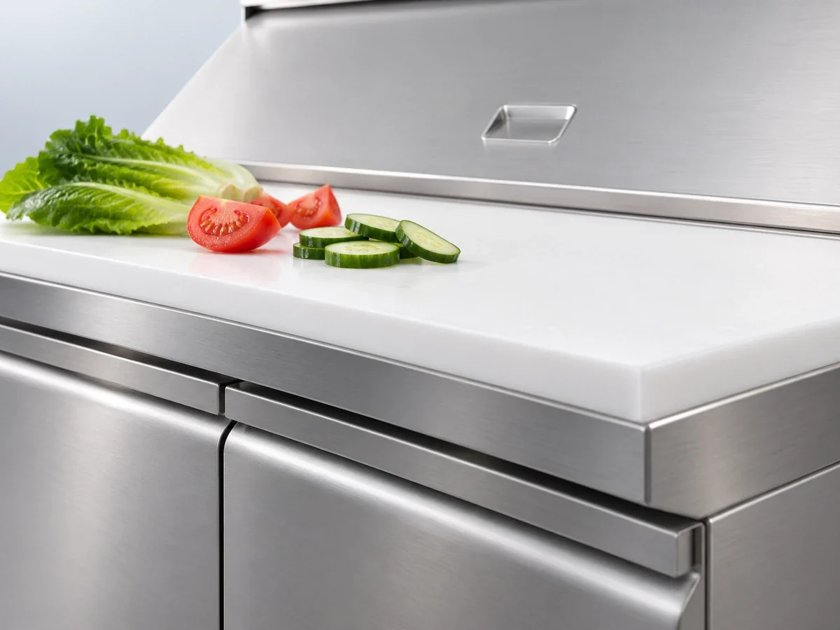 Cutting-board edge and stainless cabinet detail on a Xiltek prep table