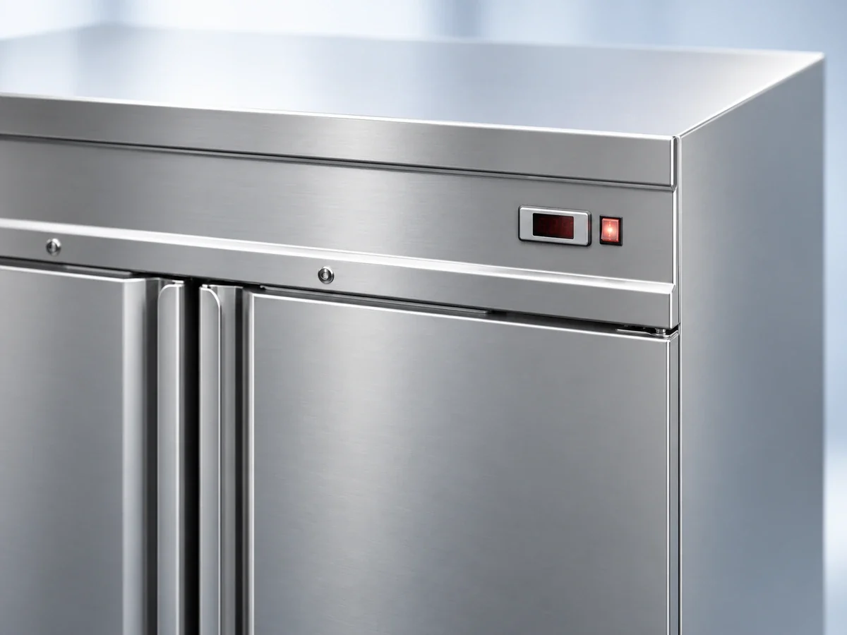 Electronic controller on the stainless steel fascia of a Xiltek freezer