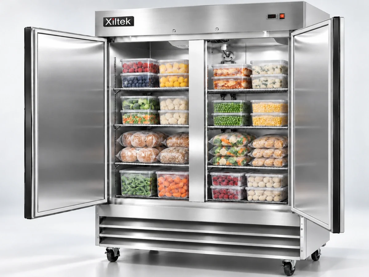 Open stainless steel Xiltek freezer with organized frozen food on coated wire shelves