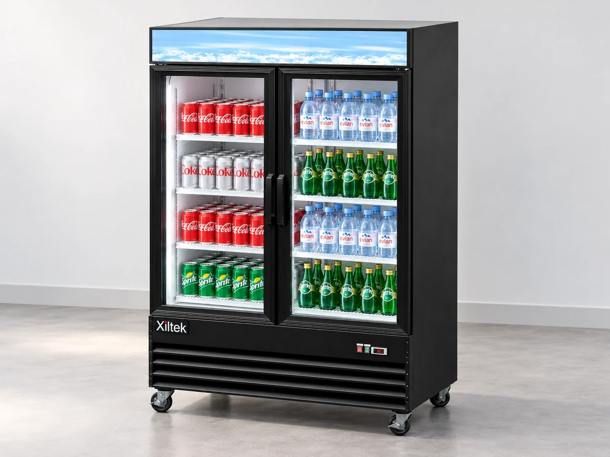 Three-quarter view of a stocked Xiltek glass-door merchandiser with illuminated top sign