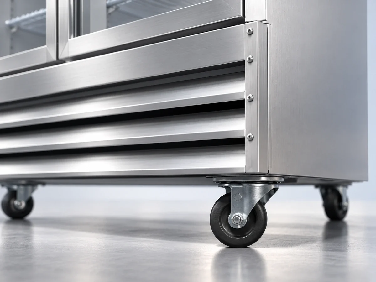 Caster and lower stainless steel cabinet detail on a Xiltek refrigerator