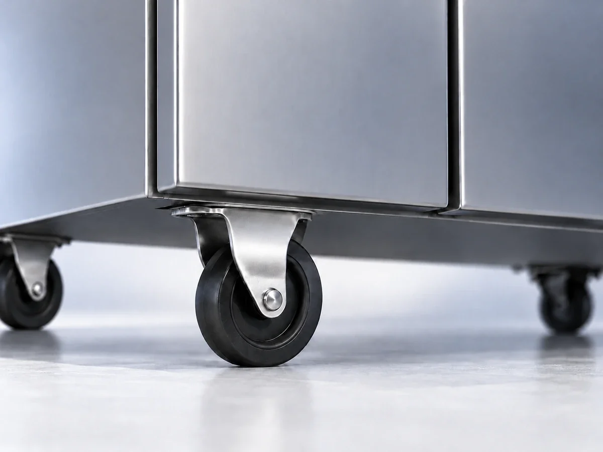 Caster and stainless lower cabinet edge on a Xiltek undercounter unit