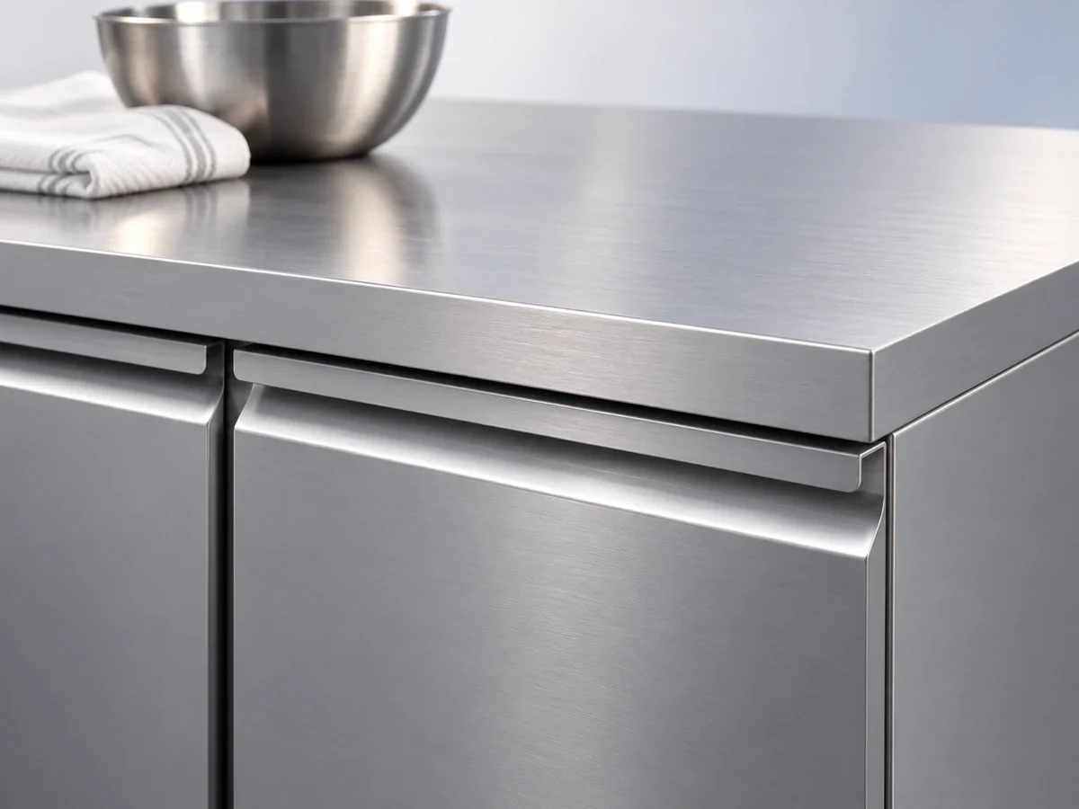 Stainless worktop corner and recessed handle on a Xiltek undercounter unit